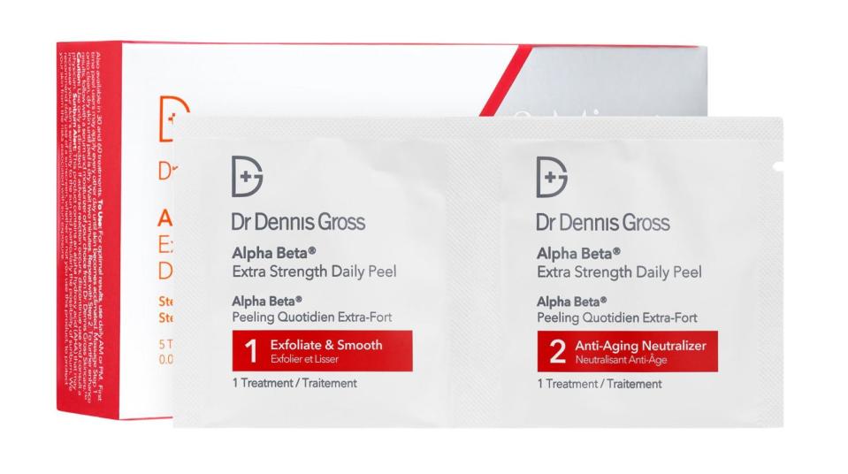 <p>Alpha Beta Peel Extra Strength Daily Peel by Dr. Dennis Gross Skincare, $16 for 5 treatments, <a rel="nofollow noopener" href="http://www.sephora.com/alpha-beta-peel-extra-strength-daily-peel-P269122" target="_blank" data-ylk="slk:sephora.com;elm:context_link;itc:0;sec:content-canvas" class="link "><u>sephora.com</u></a>.</p>