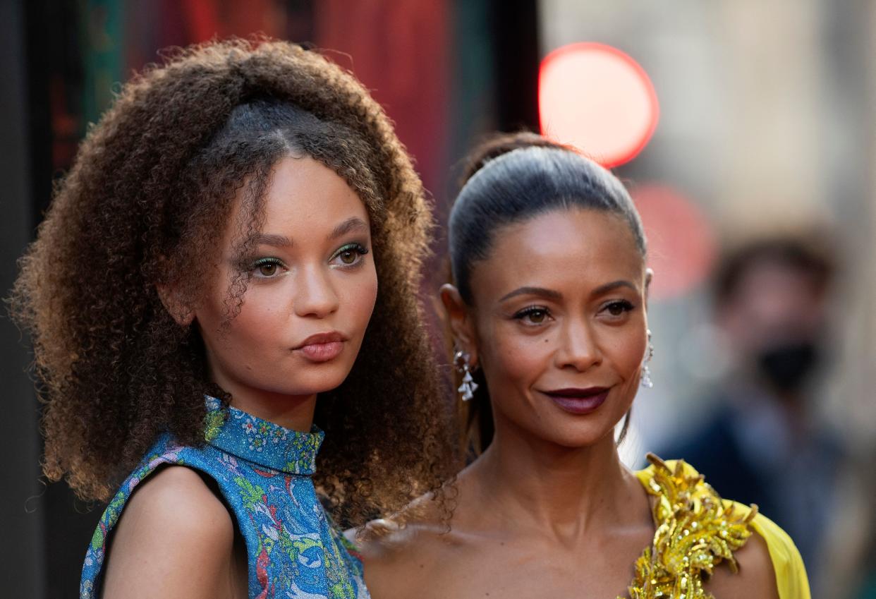 English actress Thandiwe Newton (R) and her daughter actress Nico Parker arrive for the Warner Bros premiere of 