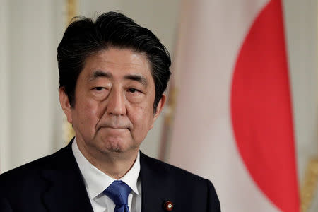 Japan's Prime Minister Shinzo Abe attends a joint news conference with Chinese Premier Li Keqiang in Tokyo, Japan May 9, 2018. Kiyoshi Ota/Pool via Reuters