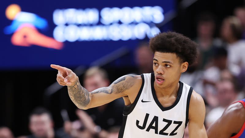 FILE — Utah Jazz guard Keyonte George (3) points to a teammate after draining a 3-point shot as the Utah Jazz and Philadelphia 76ers play in Summer League action at the Delta Center in Salt Lake City on Wednesday, July 5, 2023.
