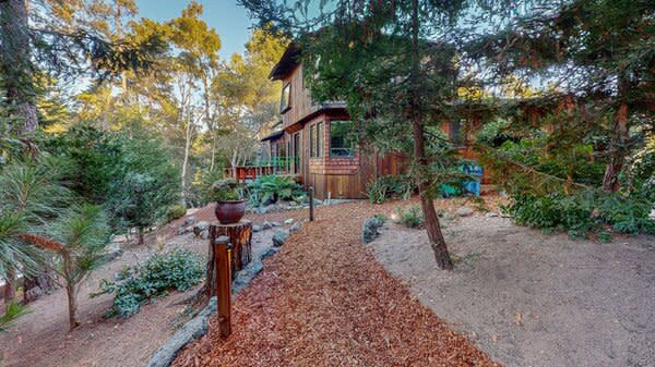 A stone-lined walkway leads to the two-level, wood-clad home, nestled among tall trees.