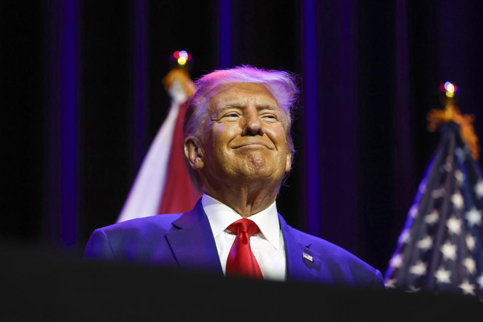 Former President Donald Trump speaks at a fundraiser event for the Alabama GOP, Friday, Aug. 4, 2023, in Montgomery, Ala. (AP Photo/Butch Dill)