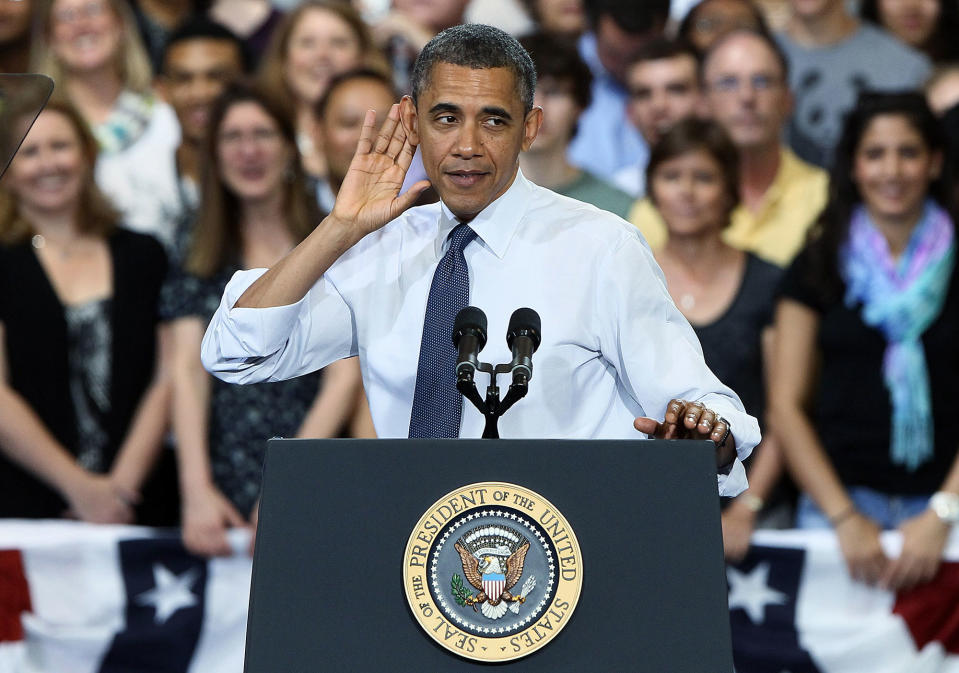 <p>President Barack Obama speaks at Washington-Lee High School May 4, 2012 in Arlington, Virginia. Obama spoke about affordable education opportunities during his remarks at the school. (Win McNamee/Getty Images) </p>