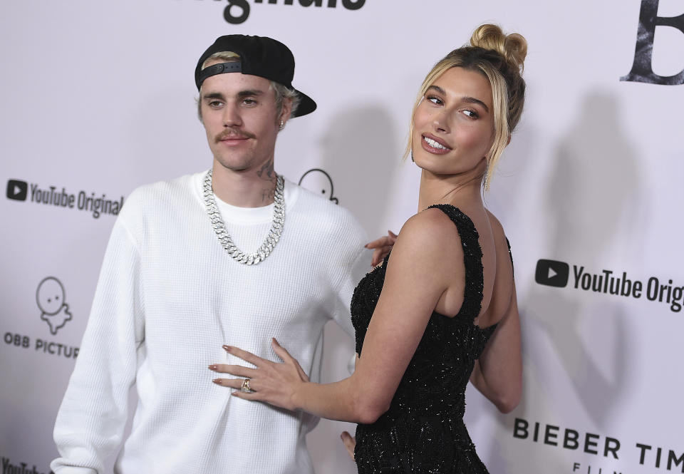 Justin Bieber and Hailey Bieber arrive at the Los Angeles premiere of "Justin Bieber: Seasons" on Monday, Jan. 27, 2020. (Photo by Jordan Strauss/Invision/AP)