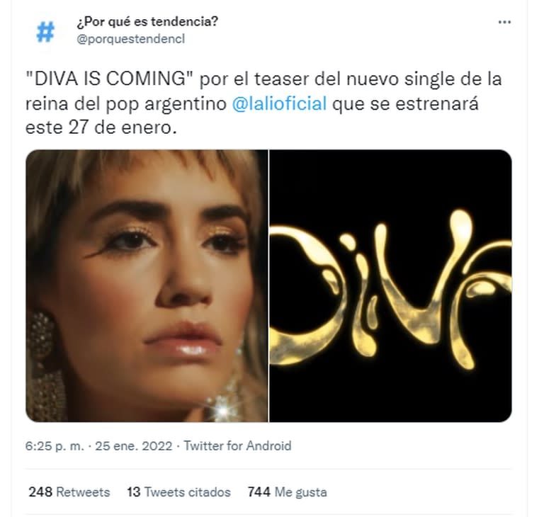 Lali compartió el adelanto de su nuevo tema y fue furor (Foto: Captura Twitter/@porqueestendencia)