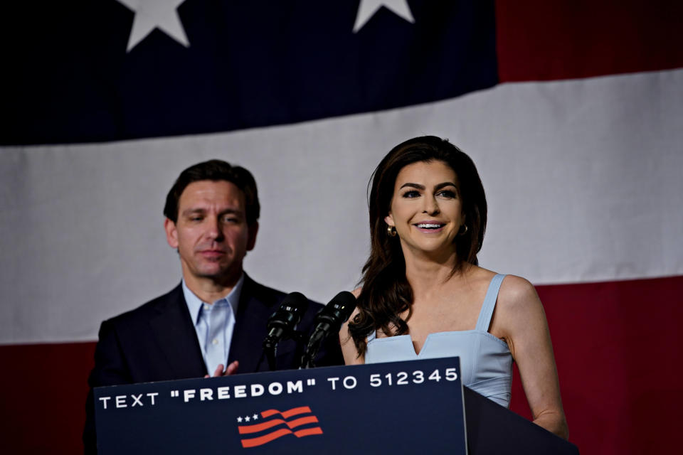 Casey DeSantis, Florida's first lady, speaks during a campaign kickoff event for Florida Governor Ron DeSantis, left, in Clive, Iowa, US, on Tuesday, May 30, 2023. DeSantis is kicking off his 2024 Republican presidential campaign this week with trips to early voting states where he must prove that he can engage in the retail politics necessary to attract primary voters. Photographer: Al Drago/Bloomberg via Getty Images