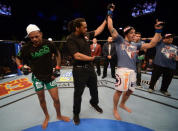 Myles Jury reacts to being declared the winner over Michael Johnson after their lightweight fight at UFC 155 on December 29, 2012 at MGM Grand Garden Arena in Las Vegas, Nevada. (Photo by Josh Hedges/Zuffa LLC/Zuffa LLC via Getty Images)