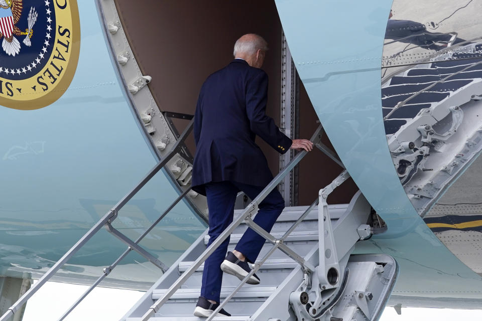 President Joe Biden walks up the steps of Air Force One at Dover Air Force Base in Delaware, Sunday, July 9, 2023. Biden is heading to Europe to meet with King Charles III and attend the NATO Summit. (AP Photo/Susan Walsh)