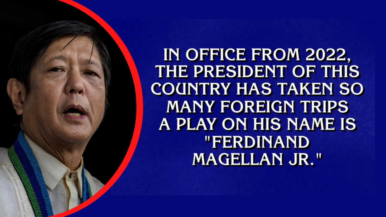 President of the Philippines Ferdinand Marcos Jr (inset) and the screenshot of Jeopardy question about a world leader who has travelled too much since becoming president in 2022.