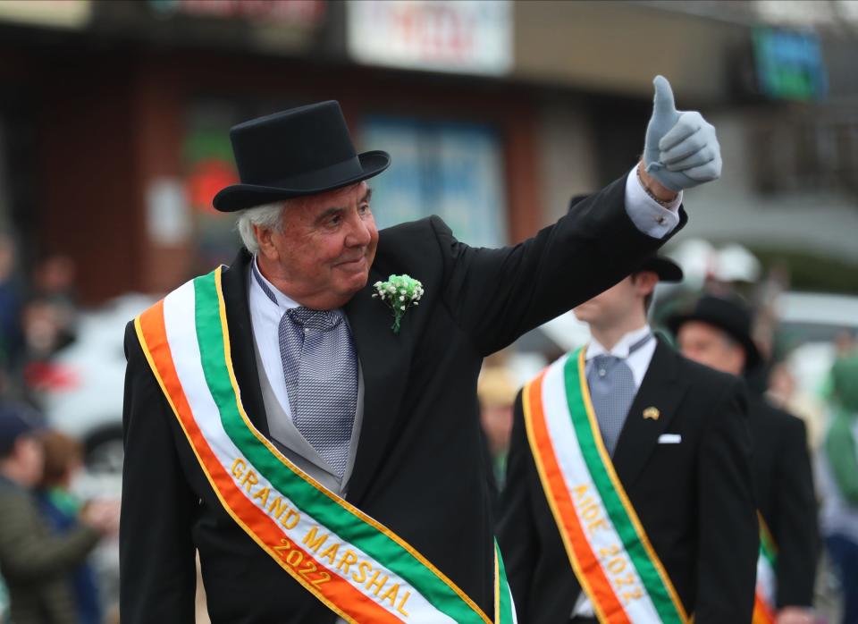 Grand Marshal Frank McDonagh leads the 58th annual St. Patrick's Day parade in Pearl River on Sunday, March 20, 2022.