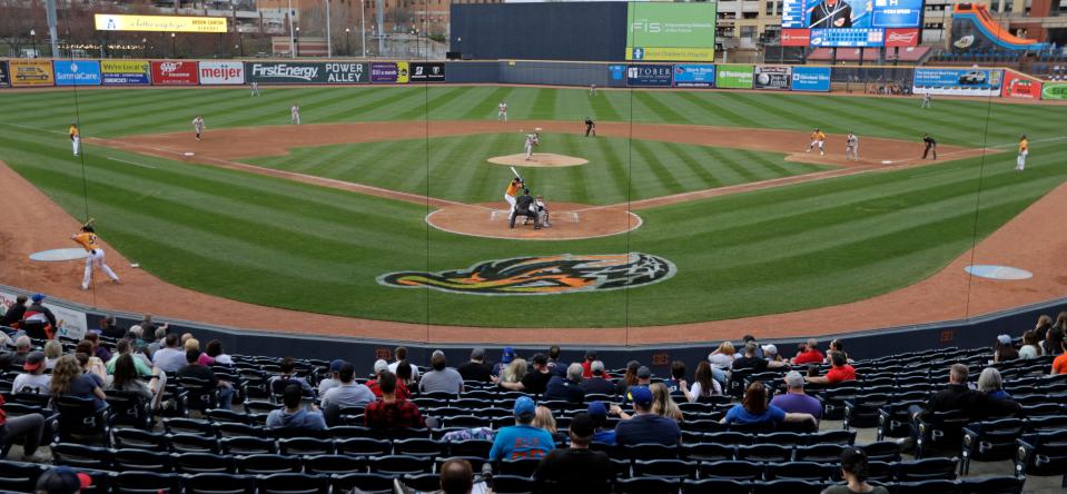 The RubberDucks logo is situated behind home plate on the field during a game against Bowie, Thursday, April 18, 2019, in Akron.