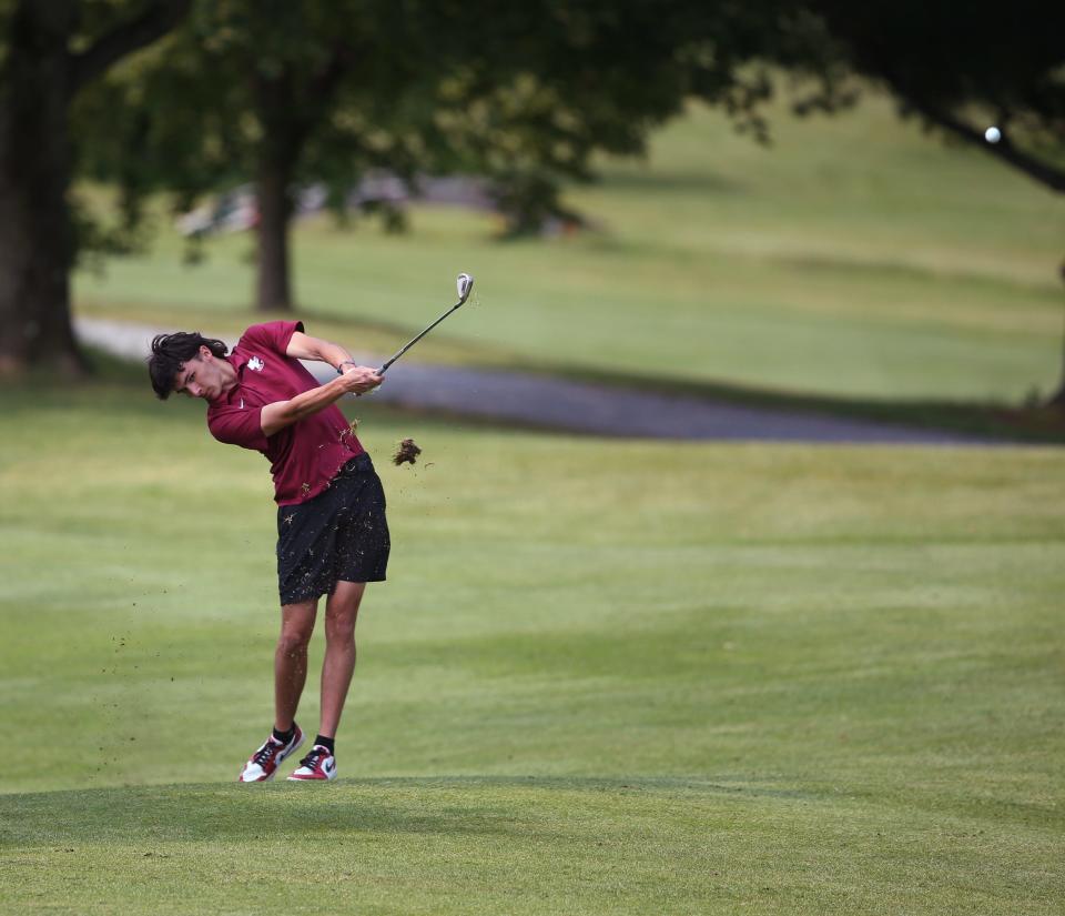 New Paltz's Oliver Watson on the 6th hole at the Powelton Club in Newburgh during round 1 of the Section 9 golf championship on May 23, 2023. 