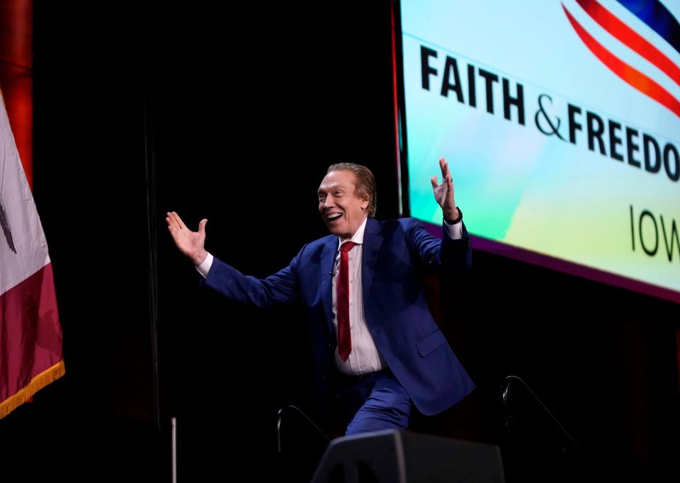 Republican presidential candidate Perry Johnson speaks at the Iowa Faith and Freedom Coalition's banquet, Saturday, Sept. 16, 2023, in Des Moines, Iowa. (AP Photo/Bryon Houlgrave)