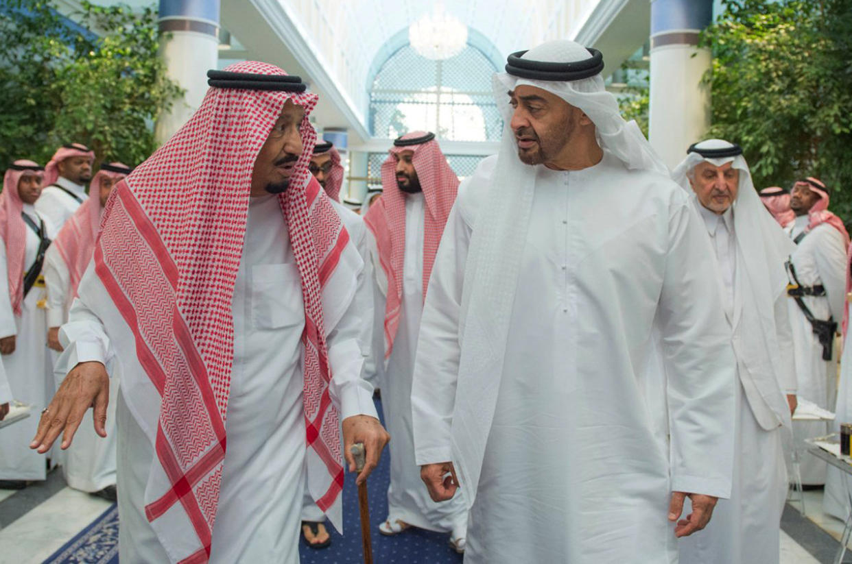 Saudi King Salman (front left) speaks with de facto United Arab Emirates leader Mohammed bin Zayed, Crown Prince of Abu Dhabi, (front right) in Jiddah, Saudi Arabia, in June. Saudi Crown Prince Mohammed bin Salman walks behind them. Saudi allies like the UAE want to avoid association with the Khashoggi scandal. (Photo: Associated Press)