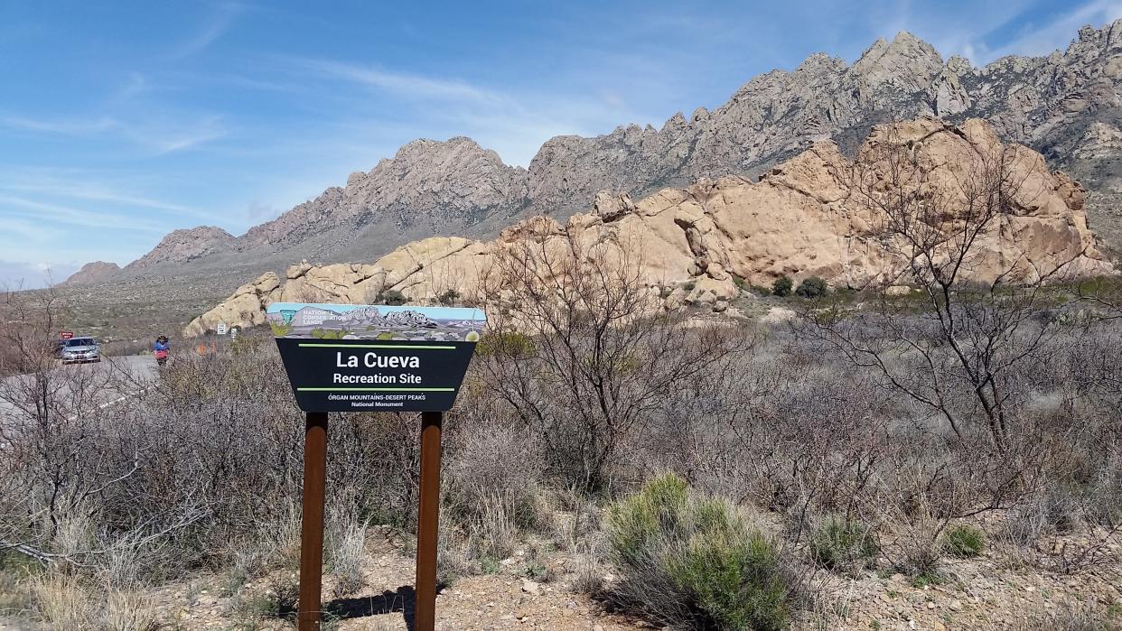 A sign marks the entrance to La Cueva Recreation Site. A three-quarters-mile portion of the La Cueva trail will soon be paved to increase accessibility.