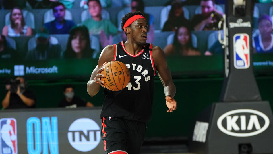 ORLANDO, FL - SEPTEMBER 5: Pascal Siakam #43 of the Toronto Raptors handles the ball during the game against the Boston Celtics during Game Four of the Eastern Conference Semifinals of the NBA Playoffs on September 5, 2020 at The Field House at ESPN Wide World Of Sports Complex in Orlando, Florida. NOTE TO USER: User expressly acknowledges and agrees that, by downloading and/or using this Photograph, user is consenting to the terms and conditions of the Getty Images License Agreement. Mandatory Copyright Notice: Copyright 2020 NBAE (Photo by Jesse D. Garrabrant/NBAE via Getty Images)