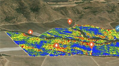 Ceres Imaging algorithms use cutting edge computer vision techniques to pinpoint crop health issues 2-3 weeks before they are visually apparent in the field. In this 3D Water Stress Index image, Ceres identifies areas within a field where yield may be impacted by water stress.