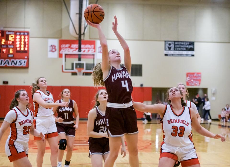 Havana's Jennifer Bonnett (5) puts up a shot against Brimfield in the first half Monday, Jan. 23, 2023 at Brimfield High School. The Ducks defeated the Indians 39-31.