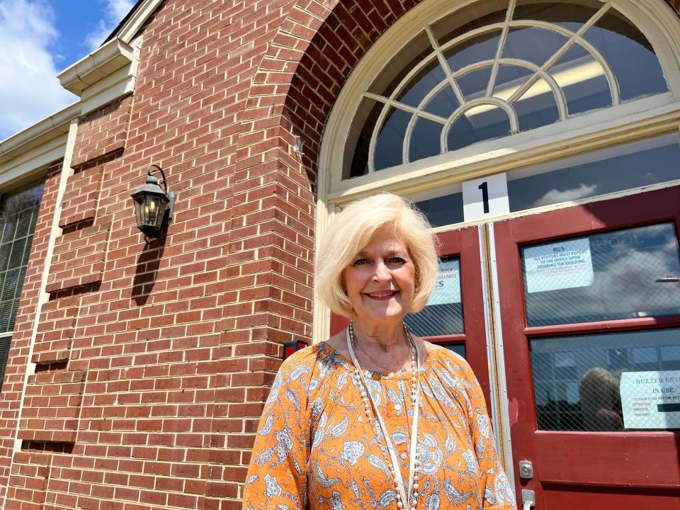 Retiring Bearden Elementary principal Susan Dunlap is shown outside the school on May 9, 2023. From the simpler times of the 1970s to the era of COVID-19 and having to be constantly conscious of school safety, Dunlap said she has enjoyed her entire 45-plus-year career and will miss the smiles of the children and the cute comments they make.