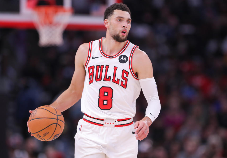 CHICAGO, IL - NOVEMBER 15: Zach LaVine (8) of the Chicago Bulls brings the ball up court against the Orlando Magic during the second half at the United Center on November 15, 2023 in Chicago, Illinois. (Photo by Melissa Tamez/Icon Sportswire via Getty Images)