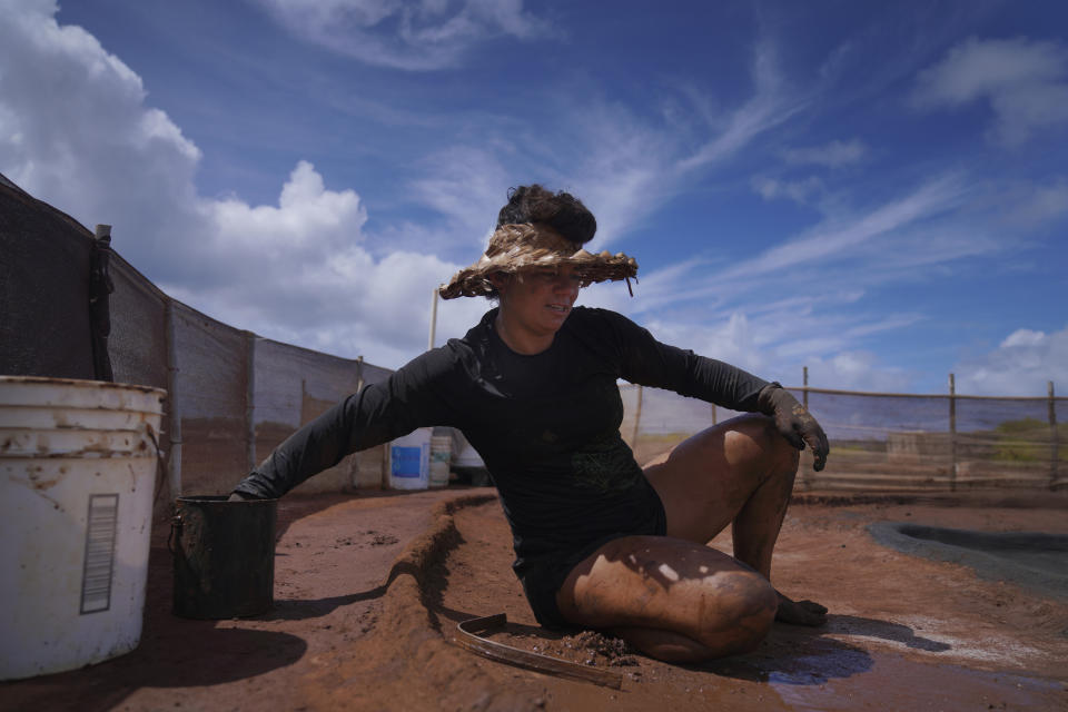 Tina Taniguchi prepares one of her family's many salt beds by rubbing it with a smooth river rock on Monday, July 10, 2023, in Hanapepe, Hawaii. Taniguchi's family is one of 22 who over generations have dedicated themselves to the cultural and spiritual practice of "paakai," or Hawaiian salt. (AP Photo/Jessie Wardarski)