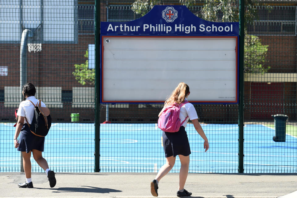 Students of Arthur Phillip High School depart from the grounds in Sydney in 2015. Source: AAP