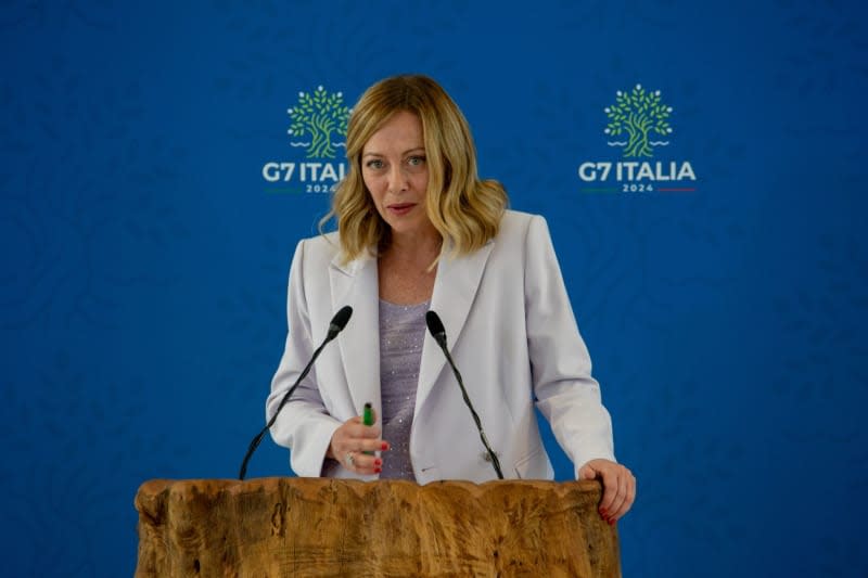 Italian Prime Minister Giorgia Meloni speaks at the press conference concluding the 2024 G7 summit, held in the town of Fasano in Borgo Egizia.  Marco Cordone/ZUMA Press Wire/dpa