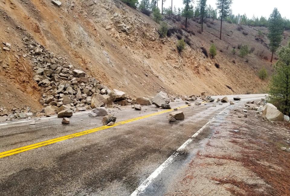 A magnitude 6.5 earthquake caused a rockslide on Highway 21 near Lowman, Idaho, on Tuesday, March 31, 2020.