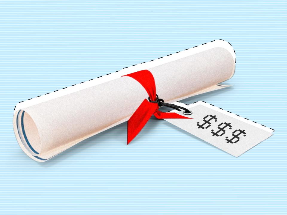 Cost of Inequity (Student Loan Edition) Scroll Diploma with price tag that has three dollar signs