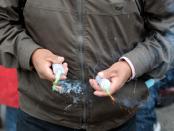 A mine worker is seen during a rally in support Bolivia's President Evo Morales in La Paz