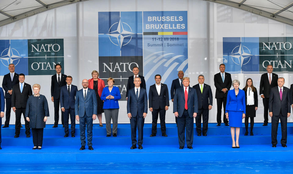 Leaders of the NATO member nations pose together at the Brussels summit in July