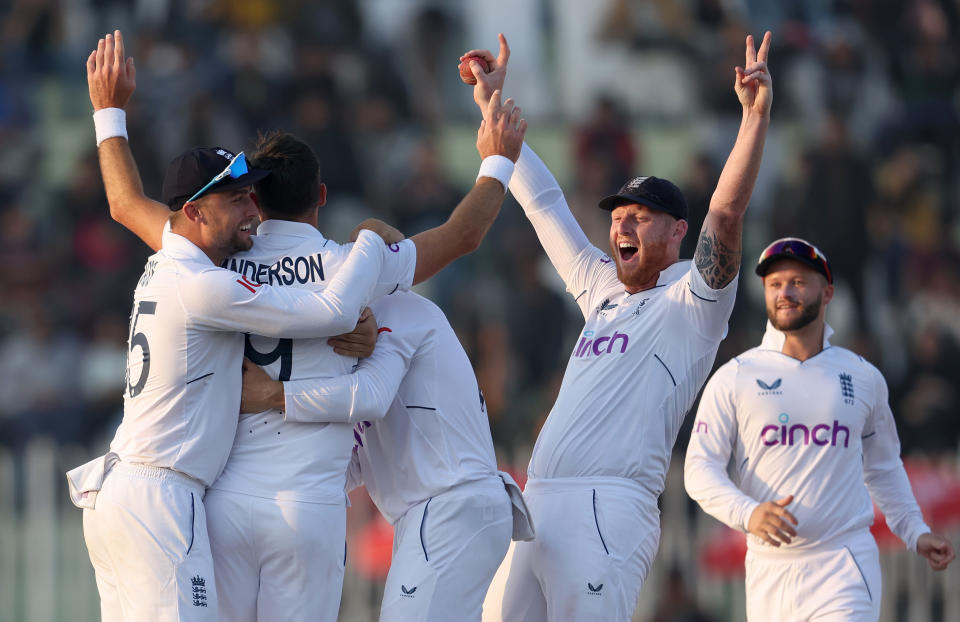 Pictured here, England quick James Anderson celebrates with teammates Will Jacks and captain Ben Stokes on day five of the first Test against Pakistan. 
