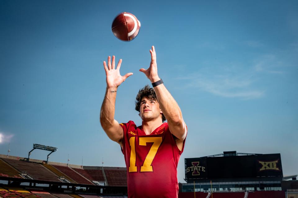 Safety Beau Freyler catches a ball during a photo shoot at Iowa State's media day at Jack Trice Stadium in Ames on Aug. 2.