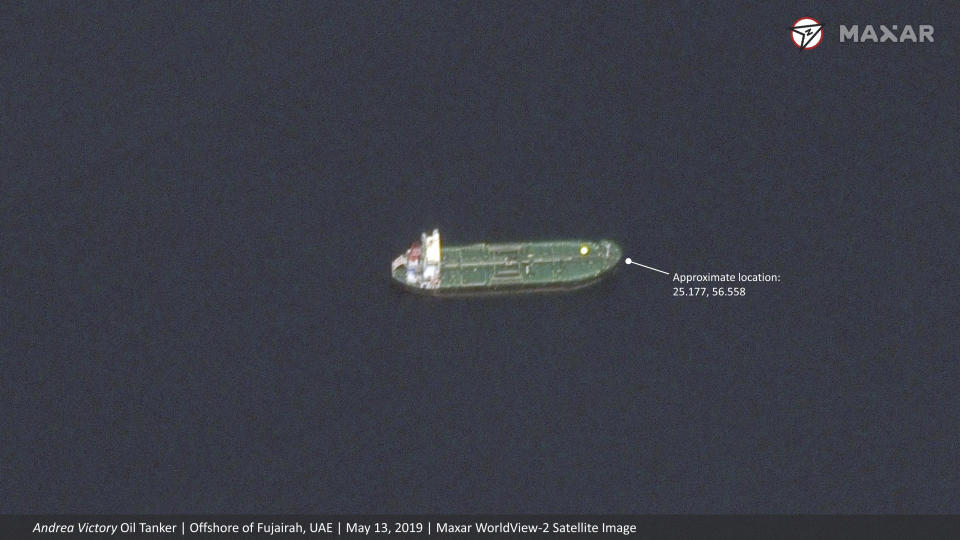 This satellite image provided by Maxar Technologies shows the Norwegian-flagged oil tanker Andrea Victory off the coast of Fujairah, United Arab Emirates, Monday, May 13, 2019. As many as four oil tankers anchored in the Mideast were damaged in what Gulf officials described Monday as a "sabotage" attack off the coast of the United Arab Emirates. (Satellite image ©2019 Maxar Technologies via AP)