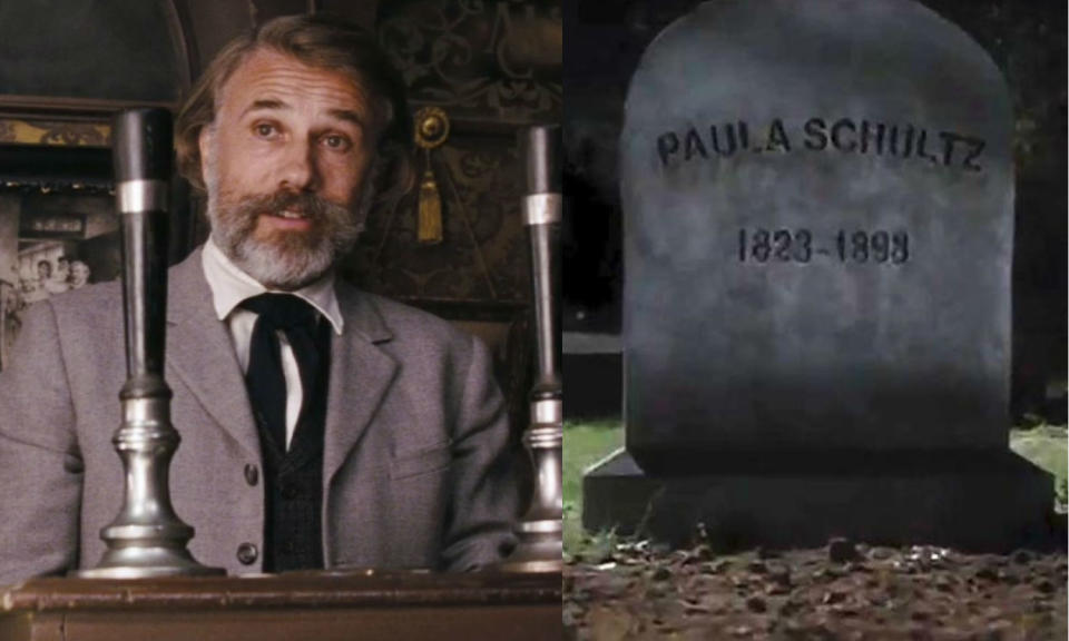 Django Unchained features Dr. Schultz whose wife's grave appears in Kill Bill: Volume 2