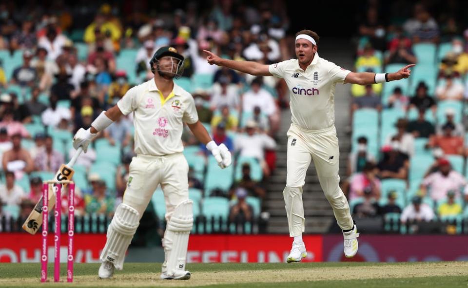 England’s Stuart Broad celebrates the wicket of Australia’s David Warner (Jason O’Brien/PA) (PA Wire)