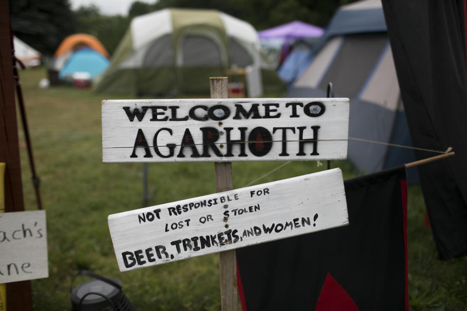 A "Welcome to Agarhoth" sign at a camp entrance. (Photo: Maddie McGarvey for HuffPost)