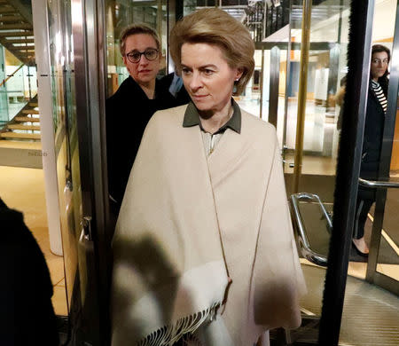 German Defence Minister Ursula von der Leyen leaves exploratory talks about forming a new coalition government at the SPD headquarters for a walk in Berlin, Germany, January 11, 2018. REUTERS/Fabrizio Bensch