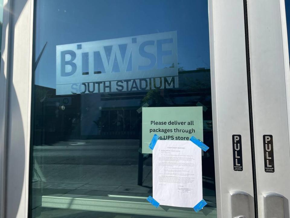 Legal “notices of belief of abandonment” signs were posted on the exterior of the Bitwise 41, Bitwise South Stadium, and Bitwise Hive buildings on Friday, June 2, 2023.
