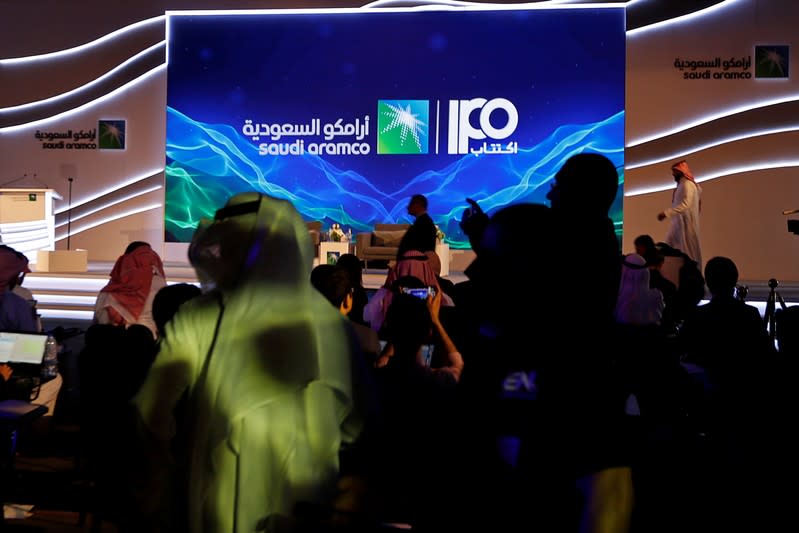 Sign of Saudi Aramco's IPO is seen before the start of a news conference by the state oil company in Dhahran