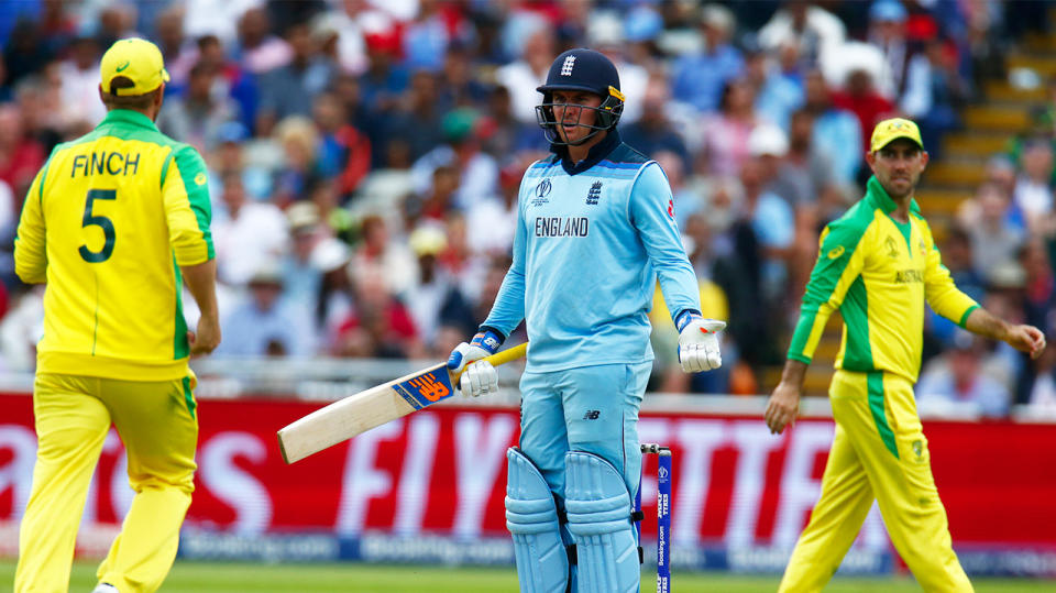 Jason Roy of England not agreeing to the Umpire Decision during ICC Cricket World Cup Semi-Final between England and Australia at the Edgbaston on July 11, 2019 in Birmingham, England. (Photo by Action Foto Sport/NurPhoto via Getty Images)