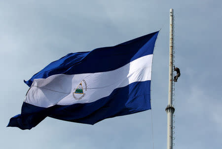 A protester is seen next to a national flag during a protest against President Daniel Ortega's government in Managua, Nicaragua May 30, 2018. REUTERS/Oswaldo Rivas