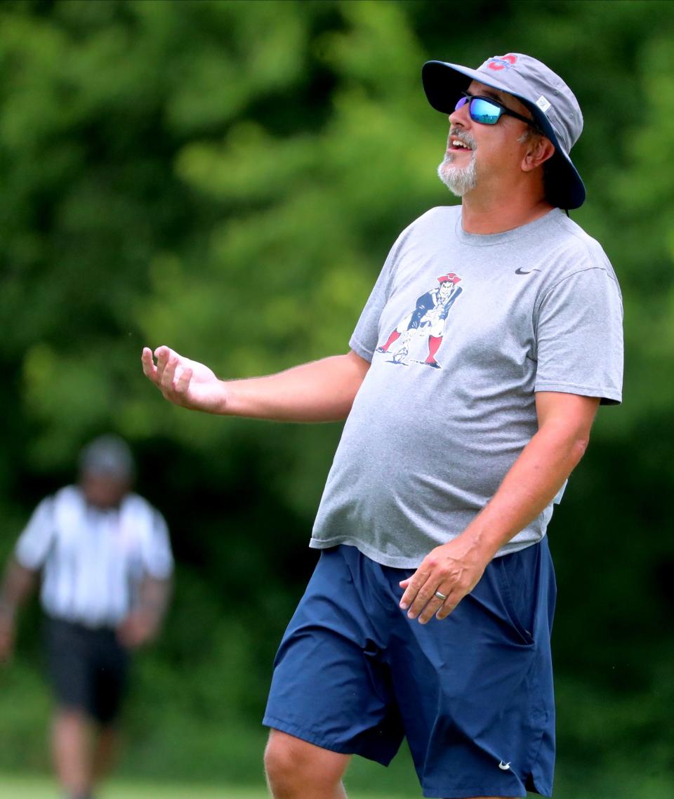 Oakland head coach Kevin Creasy reacts to a play during a recent 7-on-7 game. The Patriots have won three consecutive Class 6A state championships.