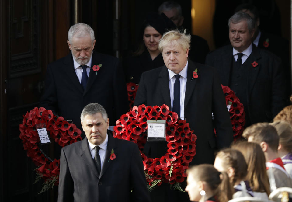Leader of the Labour Party Jeremy Corbyn, Jo Swinson, leader of the Liberal Democrats , British Prime Minister Boris Johnson and Ian Blackford, the leader of the Scottish National Party in the House of Commons, from left, arrive for the Remembrance Sunday ceremony at the Cenotaph in Whitehall in London, Sunday, Nov. 10, 2019. Remembrance Sunday is held each year to commemorate the service men and women who fought in past military conflicts. (AP Photo/Matt Dunham)