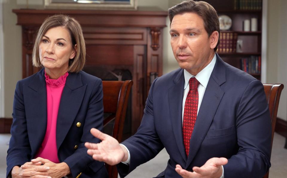 Iowa Governor Kim Reynolds endorses Florida Governor Ron DeSantis for President during an interview at the Governors mansion in Des Moines, Monday, Nov. 6, 2023.