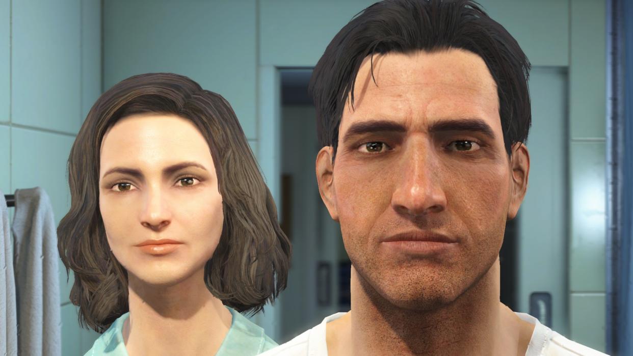  Fallout 4's male and female protagonists staring at camera from bathroom. 