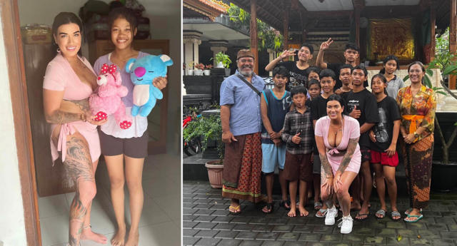 Kelsey Foster visited an orphanage while in Bali wearing pink bikini.