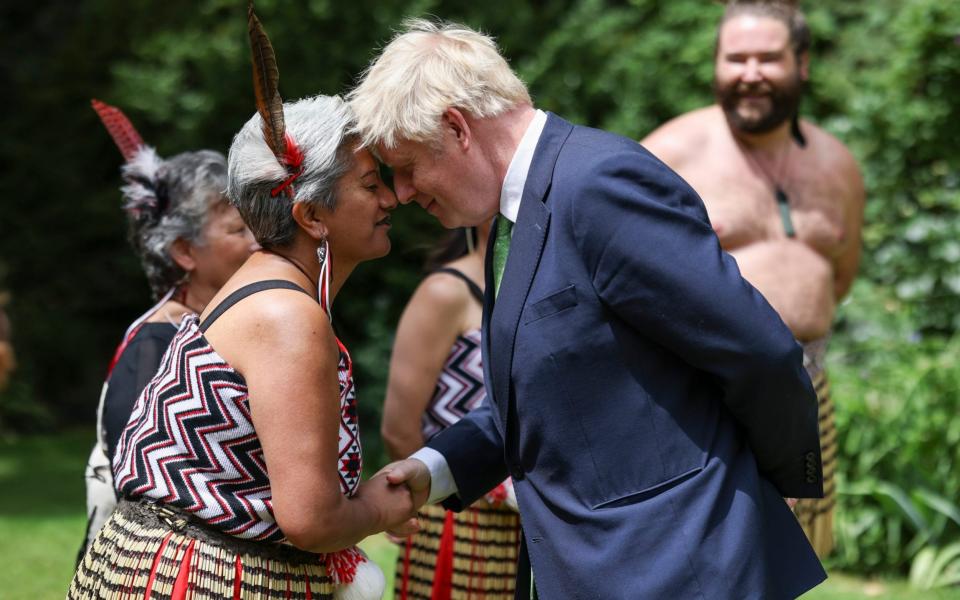 Boris Johnson and Jacinda Ardern watched the Kapa Haka group perform in the Downing Street garden today - Simon Dawson/No 10 Downing Street 
