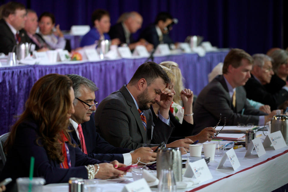 Vincent DeVito, center, delegate of the Republican National Convention Rules Committee, at the committee's meeting in Cleveland on Thursday. (Photo: Rick Wilking/Reuters)