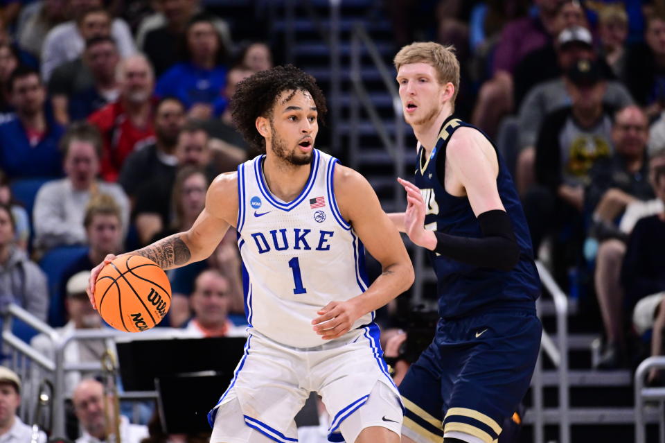 Duke&#39;s Dereck Lively II handles the ball against Oral Roberts during the first round of the 2023 NCAA men&#39;s tournament on March 16, 2023 in Orlando, Florida. (Ben Solomon/NCAA Photos via Getty Images)